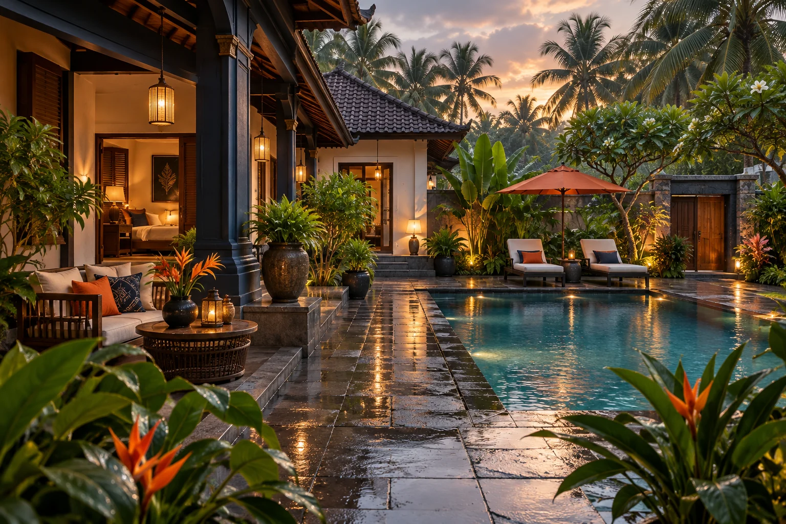 Conceptual tropical boutique villa with warm veranda lighting and a rain-refreshed courtyard pool.