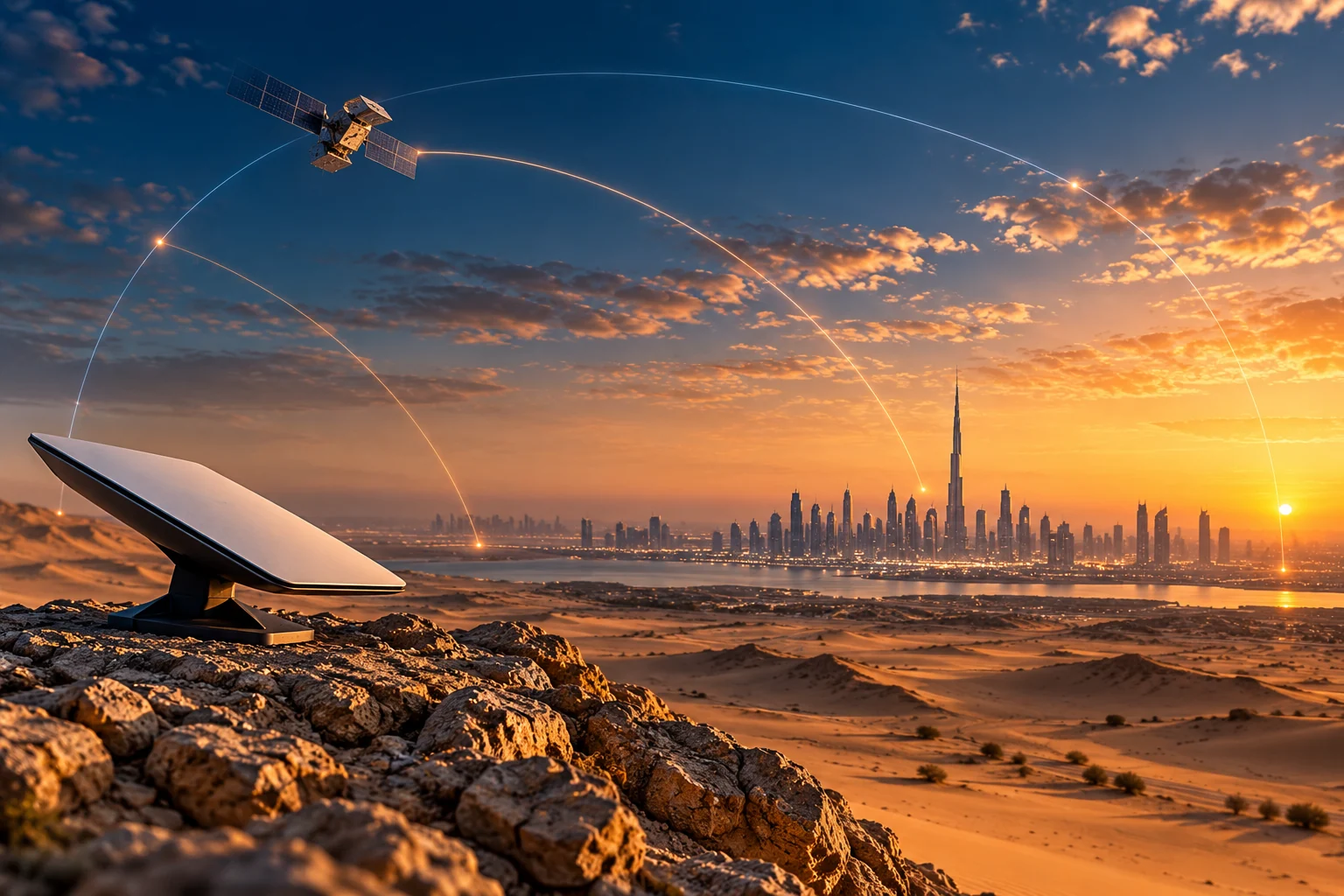 Conceptual satellite terminal overlooking a UAE-inspired skyline; not a photograph of a deployed service.