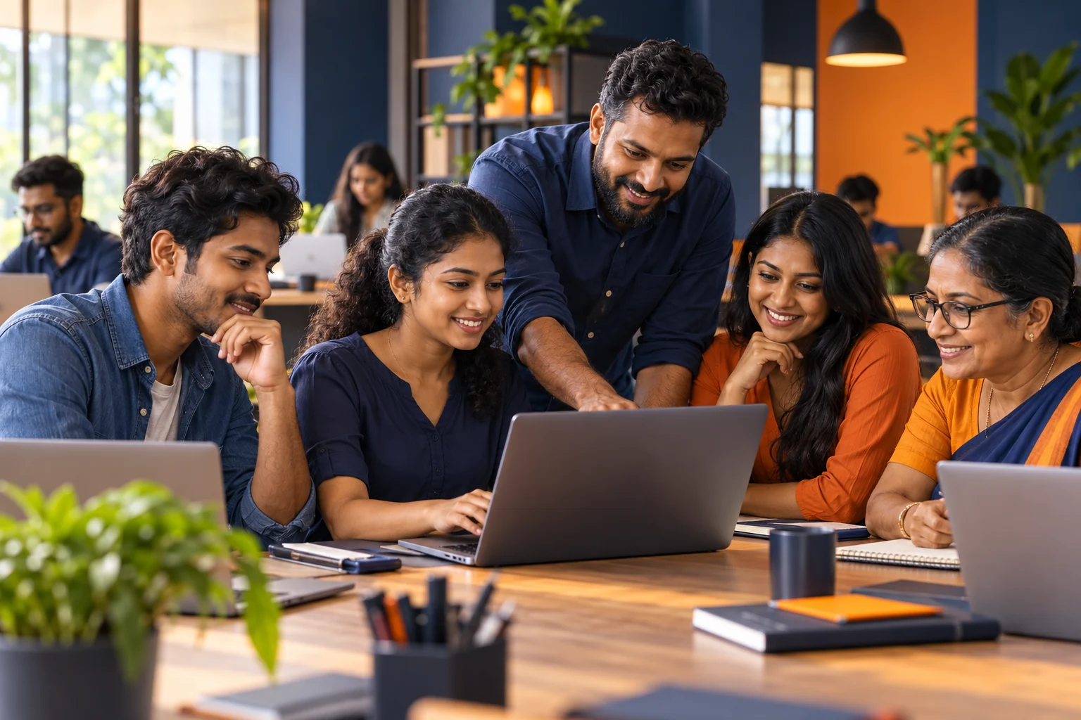Conceptual image of Sri Lankan adult learners completing a practical laptop-based project with a mentor.