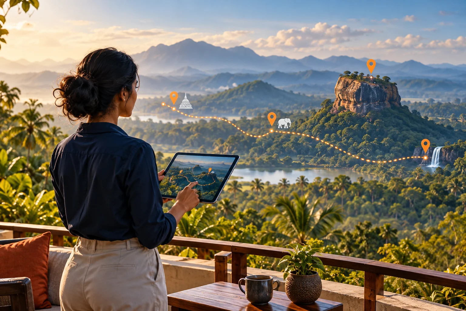 Conceptual travel professional using a tablet above an imagined Sri Lankan landscape and digital route overlay.