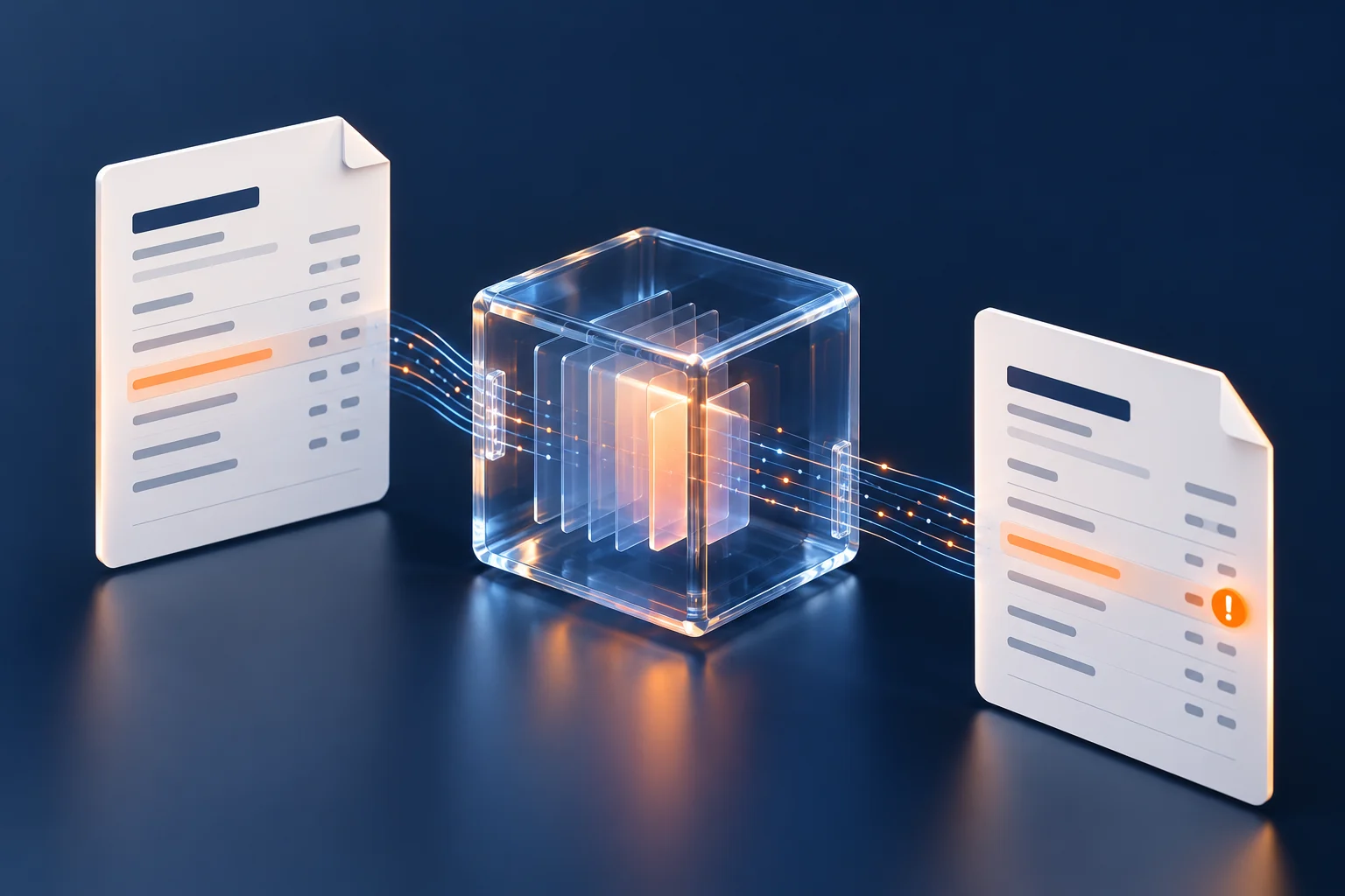 Conceptual three-dimensional illustration of document comparison through a translucent processing cube.